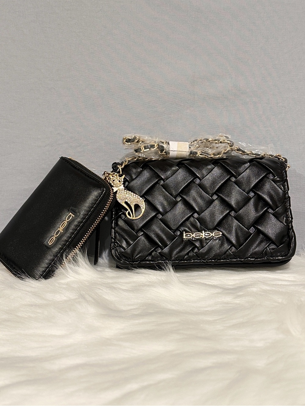 bebe Luca Crossbody with Matching Wallet in Black with Removable Charm NWT’S
